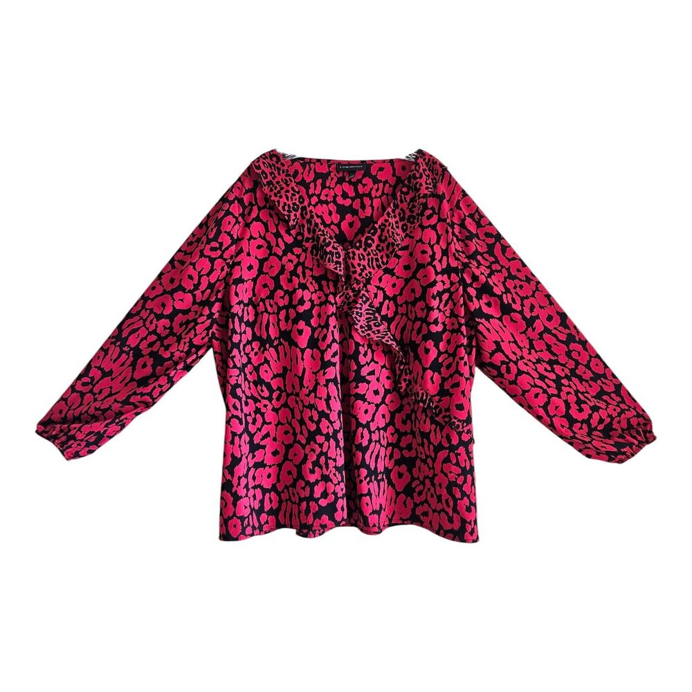 LANE BRYANT Women's Plus 24 Blouse Red Black Animal Print Ruffle V-Neck Bust 54"